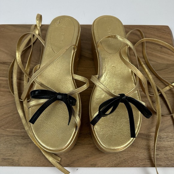 Womens Molly Goddard Gold‎ Amalia Leather Platform Strappy Bow Sandals Size 9 M - Picture 6 of 10